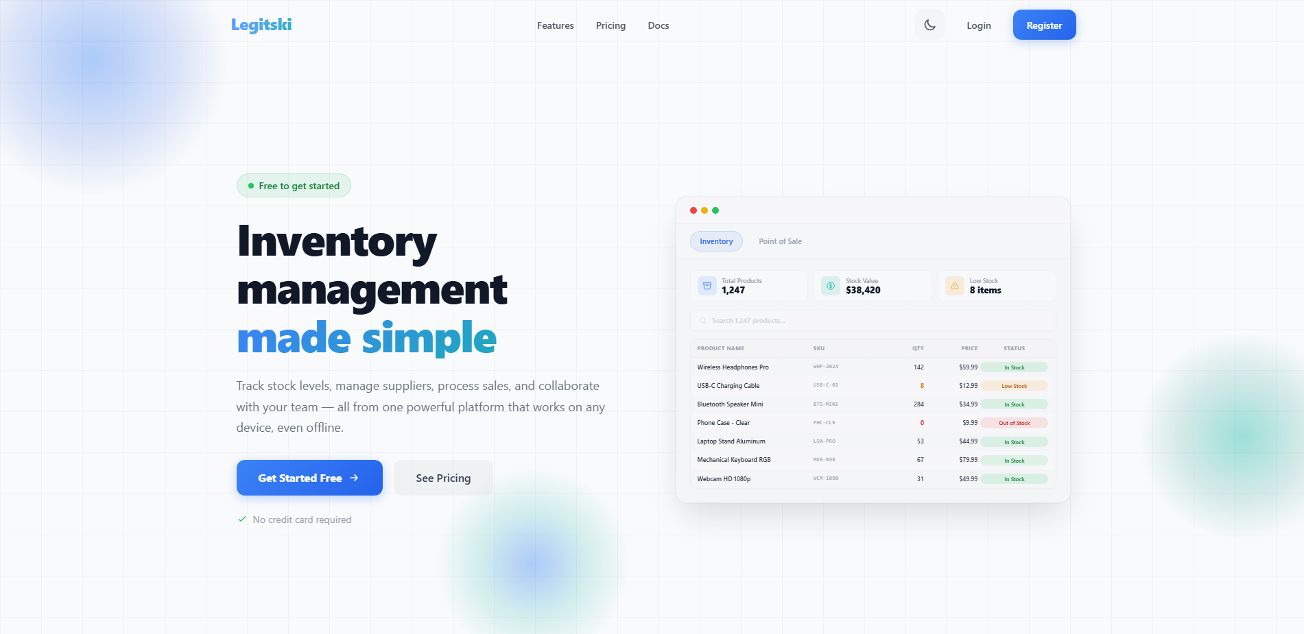 Legitski landing page — multi-tenant inventory management platform